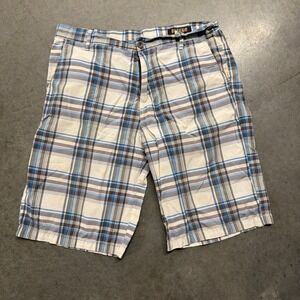 Vercho Mens Plaid Front Shorts Blue Grey White Size 36 Casual Utility Pocket